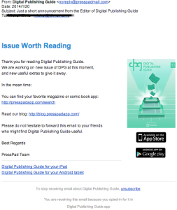 This is an example of a message we have sent to the subscribers of our Digital Publishing Guide.