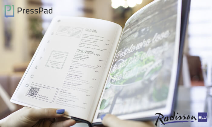 Menu at Radisson wih PressPad lounge qrcode